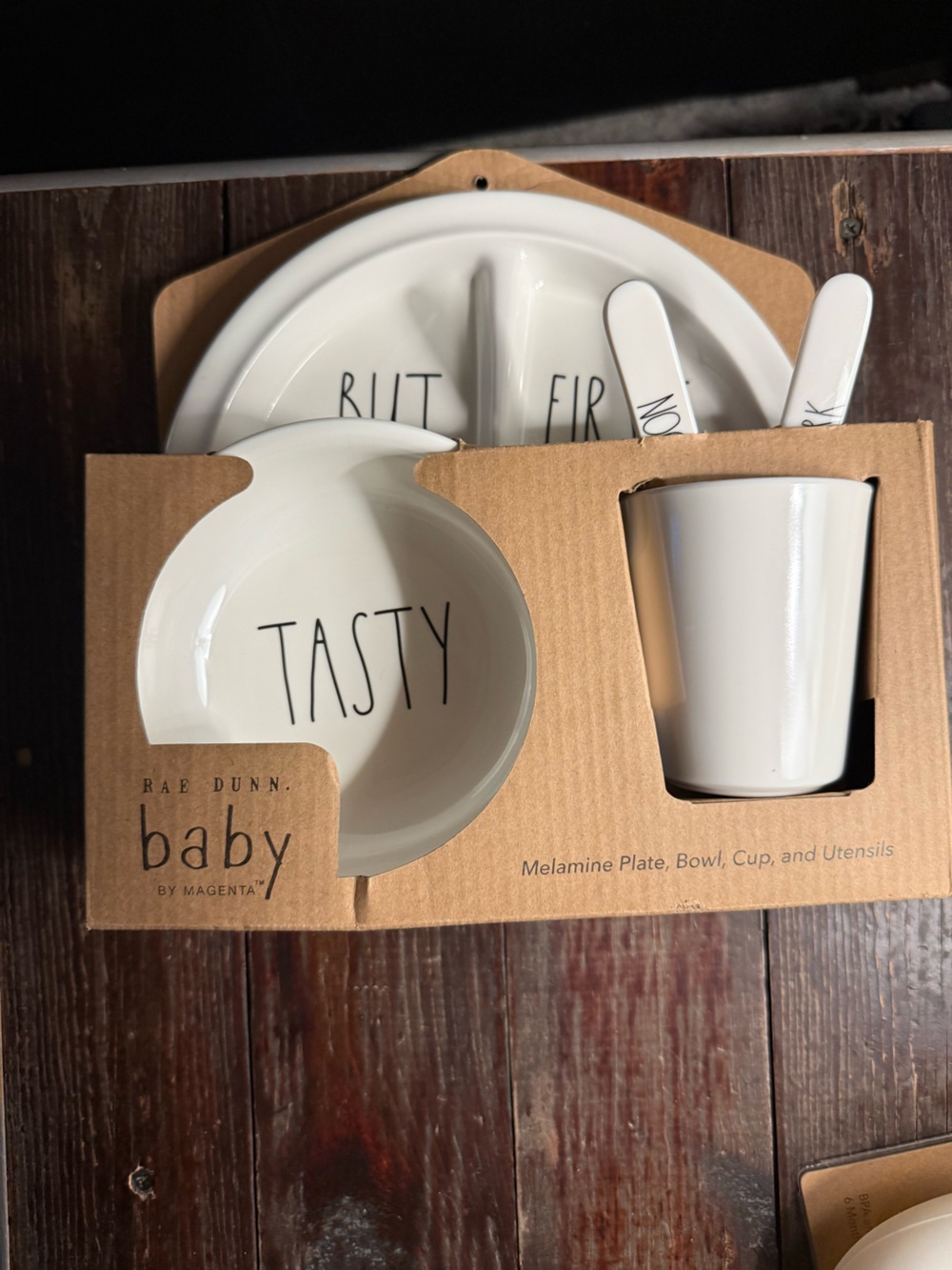 Rae Dunn Baby Melamine Bowl, Cup & Utensil Set - White with Black Lettering